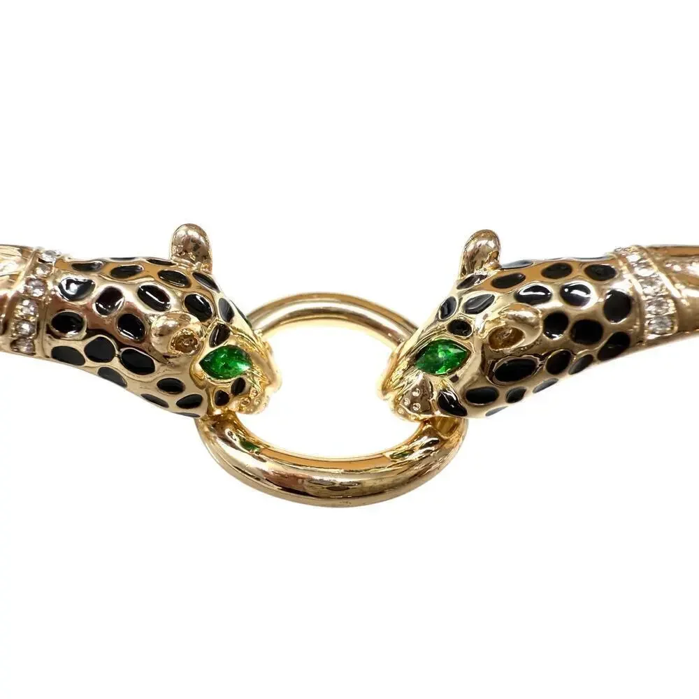 NEW Vintage St Thomas Gold Tone Green Eyes Double Leopard Head Toggle Bracelet
